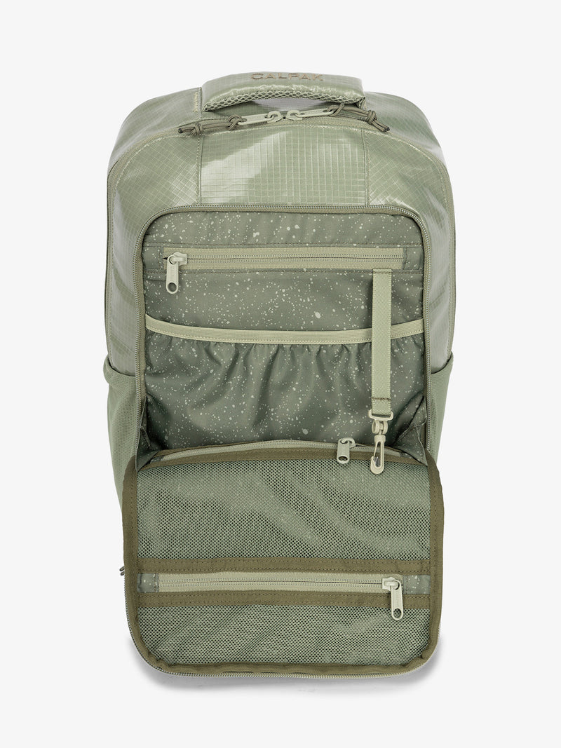 Front organizational panel of CALPAK Terra Hydration Backpack in juniper