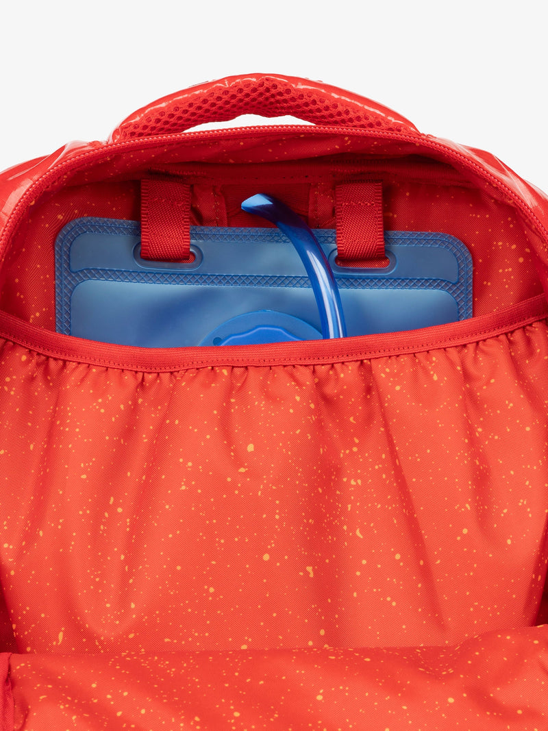 Close up of CALPAK 2L removable hydration reservoir back-slip pocket in flame