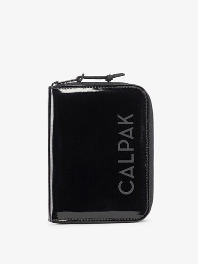 CALPAK Terra Zippered Passport Wallet in Obsidian black front view; ATPW2501-OBSIDIAN view 1