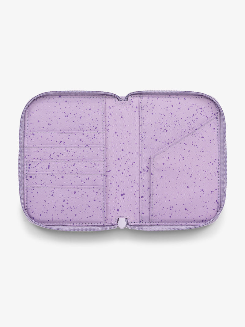 CALPAK Terra Zippered Passport Wallet Amethyst light purple interior features with card slot and passport slip