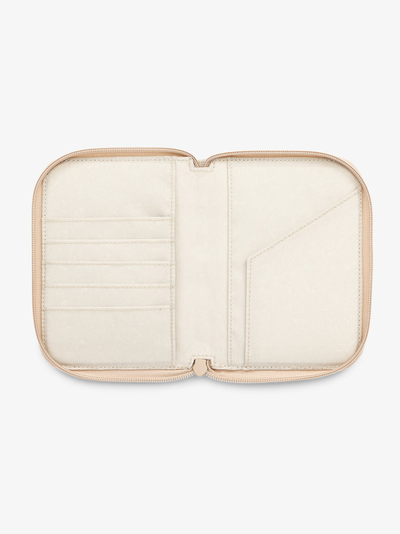 CALPAK Terra Zippered Passport Wallet beige White Sands interior features with card slot and passport slip