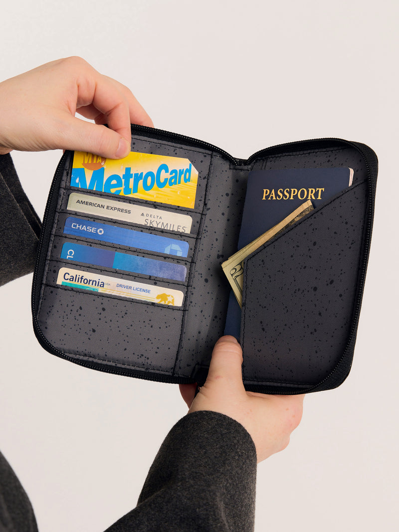 CALPAK Terra Zippered Passport Wallet in Obsidian black opened view with cards and passport