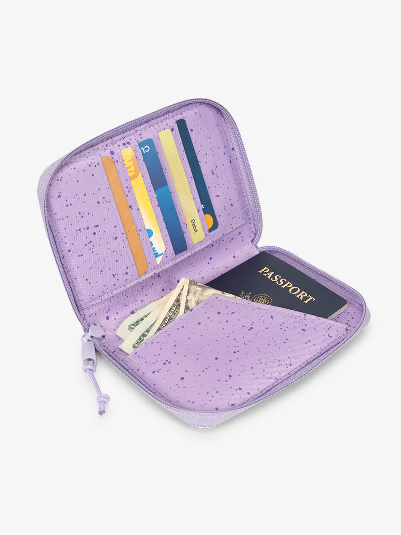 CALPAK Terra Zippered Passport Wallet Amethyst light purple open view with cards in card slots and passport in passport slip