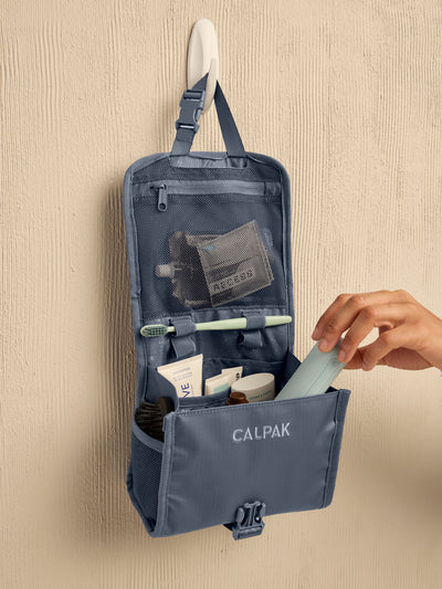 CALPAK Terra Hanging Toiletry Bag in blue Matte Indigo front view; THY2201-INDIGO view 2