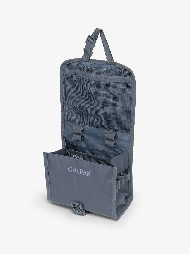 CALPAK Terra Hanging Toiletry Bag in blue Matte Indigo open top hanging view