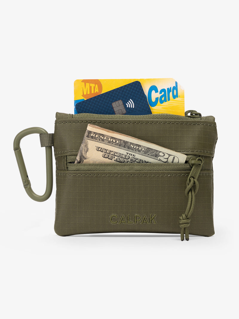 CALPAK Terra Clippable Card Pouch in dark green Matte Pine utilized as wallet