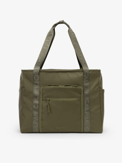 CALPAK Terra 35L Water Resistant Zippered Tote Bag in dark green Matte Pine front view; TTO2401-PINE view 1