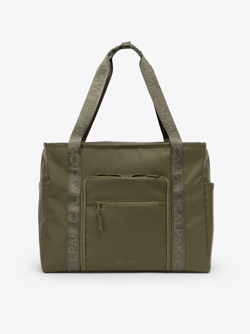 CALPAK Terra 35L Water Resistant Zippered Tote Bag in dark green Matte Pine front view