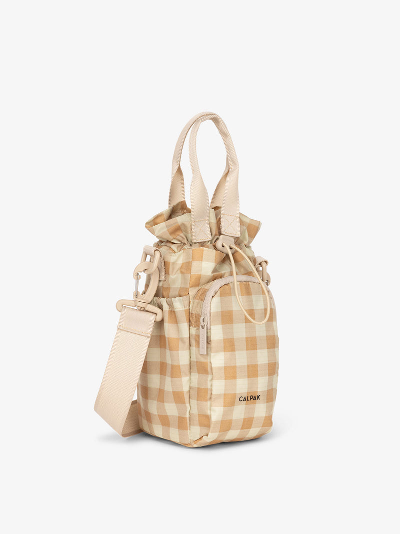 CALPAK water bottle sling with strap in gingham