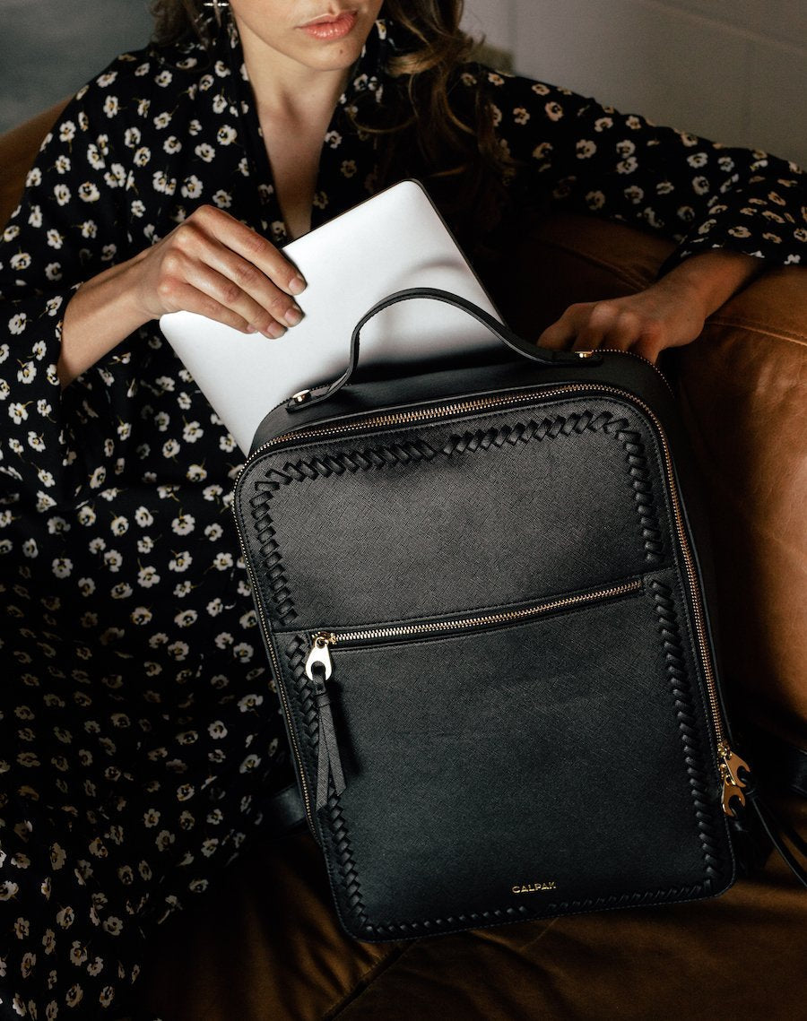 Faux leather backpack with laptop sleeve online