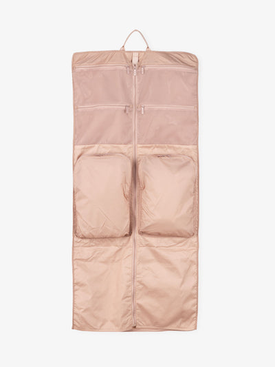 large garment bag with compartments mesh pockets and shoe pockets in light pink mauve; KGL2001-MAUVE