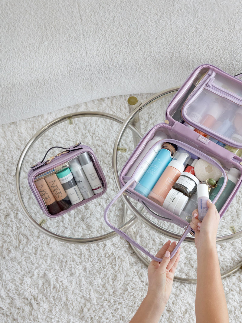 transparent cosmetic bag in lavender purple