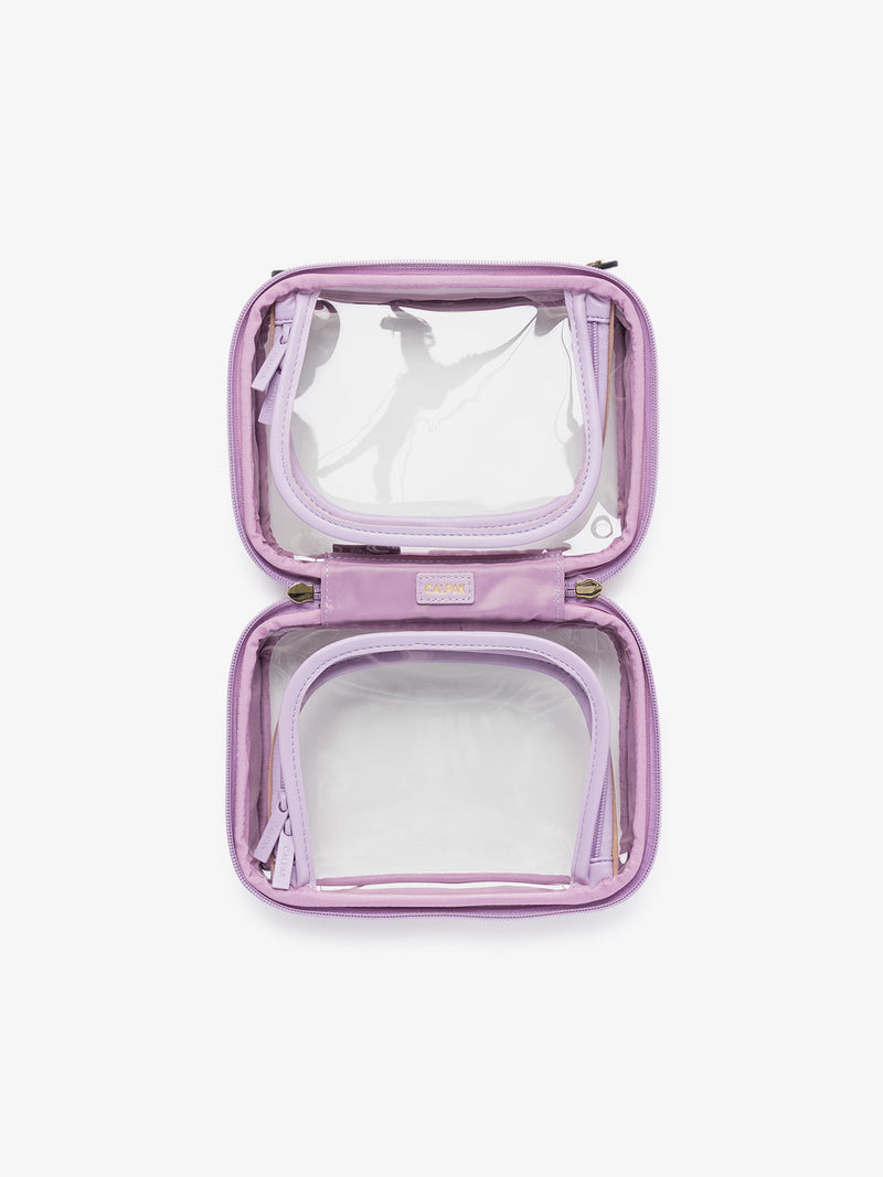 transparent mini cosmetics bag in lavender purple