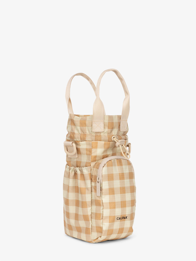 water bottle carrier for hiking in gingham